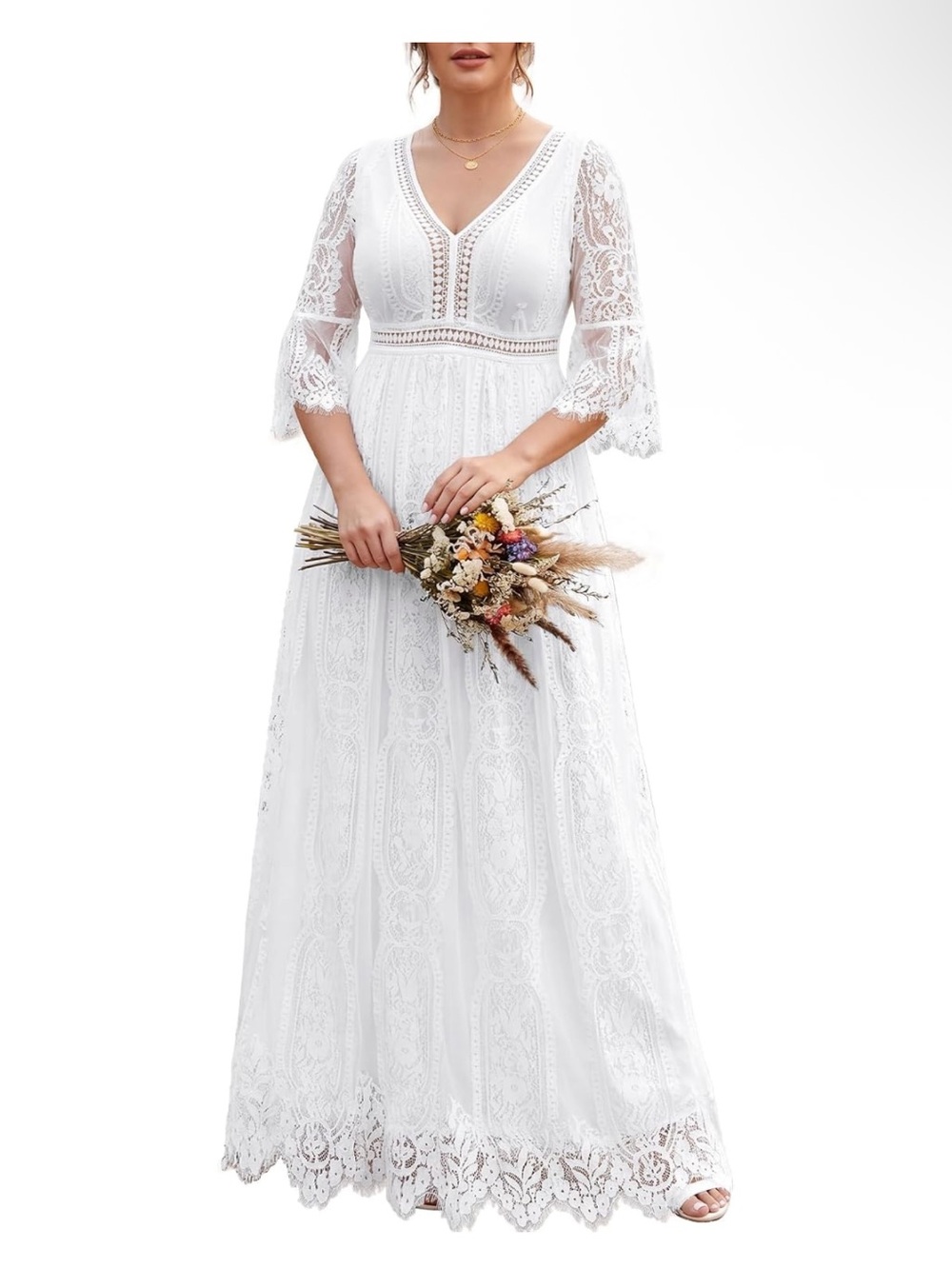 White Lace V-Neck Maxi Dress with Bell Sleeves
